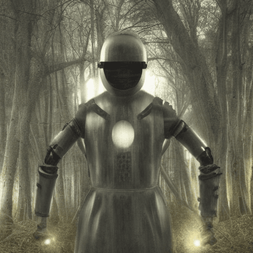 AI generated: cybernetic style dull outdoor forest, photo of a knight with no face, wearing opened helmet no face ...