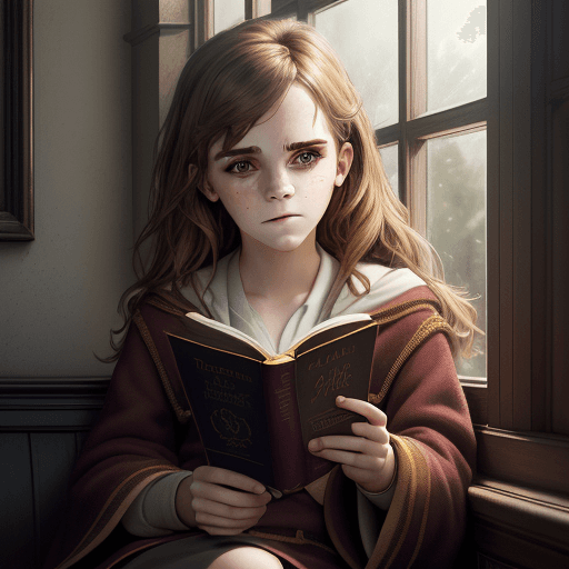 AI generated: (1 girl) portrait of Emma Watson as Hermione Granger sitting next to a window reading a book, other ...