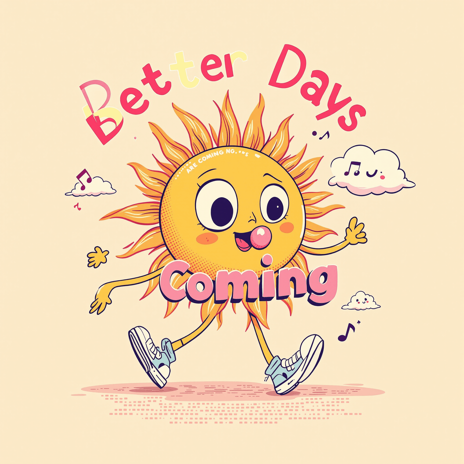 AI generated: Cartoon sun character walking, wearing simple shoes, with large expressive eyes and a blowing mouth;...