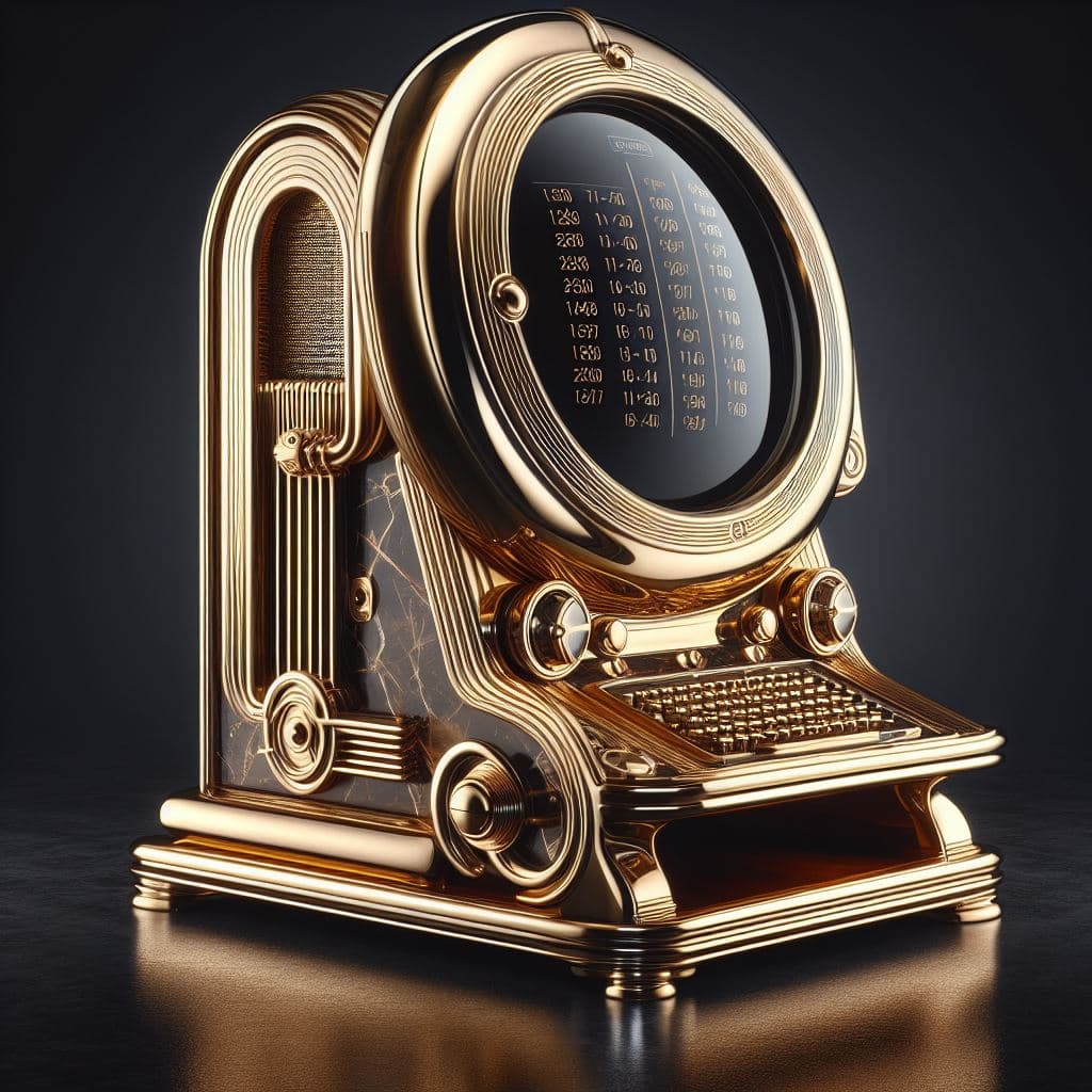 AI generated: 1930s computer monitor made of brass, OR chrome AND marble OR onyx OR mahogany, style of Streamline ...