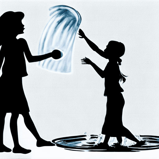 AI generated: a girl throwing water from a silver bowl.  style: silhouette