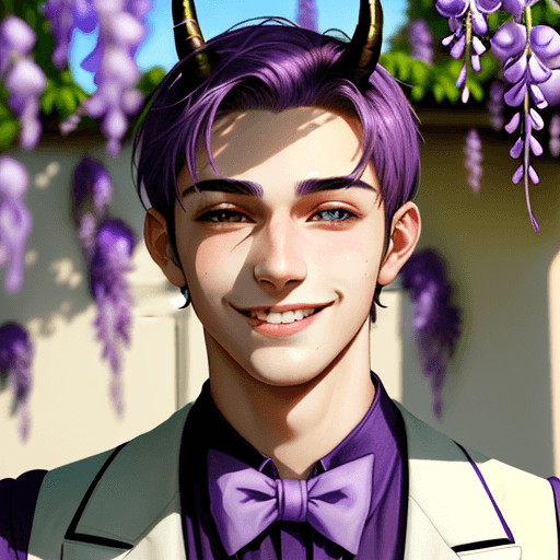 AI generated: portrait, nougat colored skin, adult boy in 20s, perfect face, wisteria purple eyes, perfect smile, ...