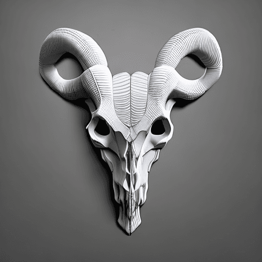 AI generated: white 3d relief of rams skull on black background, no shadows, smooth, no boarder, 8k