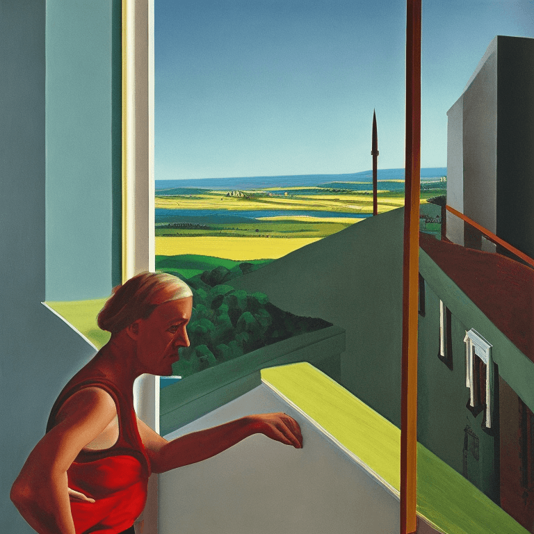 AI generated: epic view, oil painting, neo rauch, david hockney, edward hopper