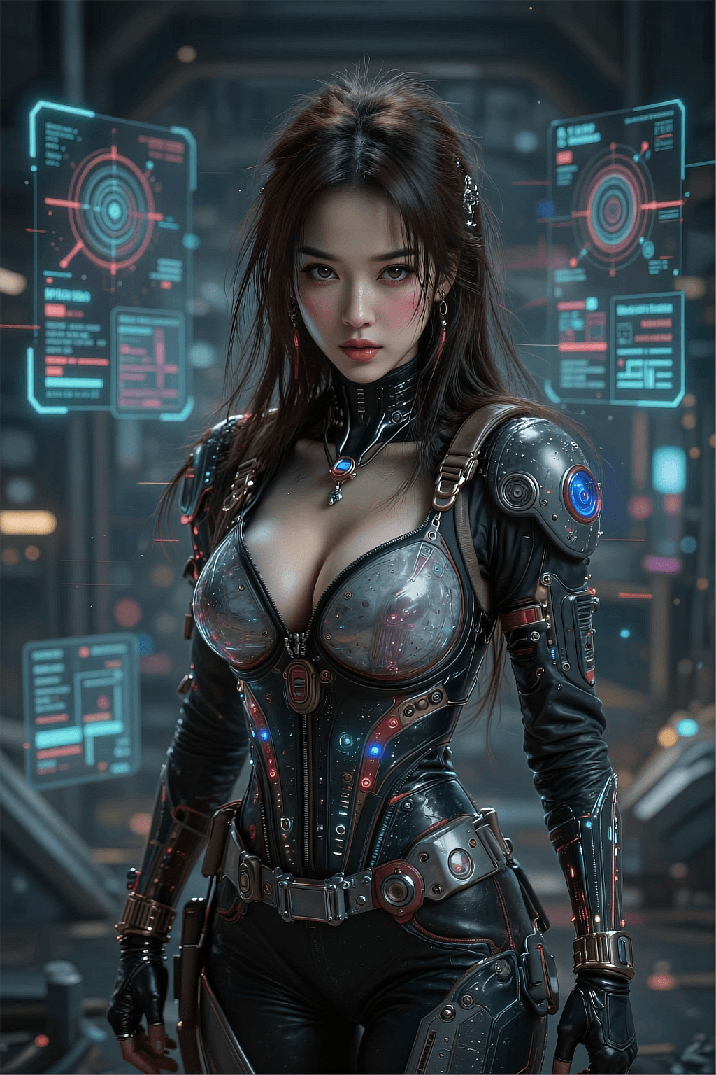 AI generated: Portrait of a futuristic cyberpunk rebel leader, girl, centered, adorned with revolutionary tech, in...