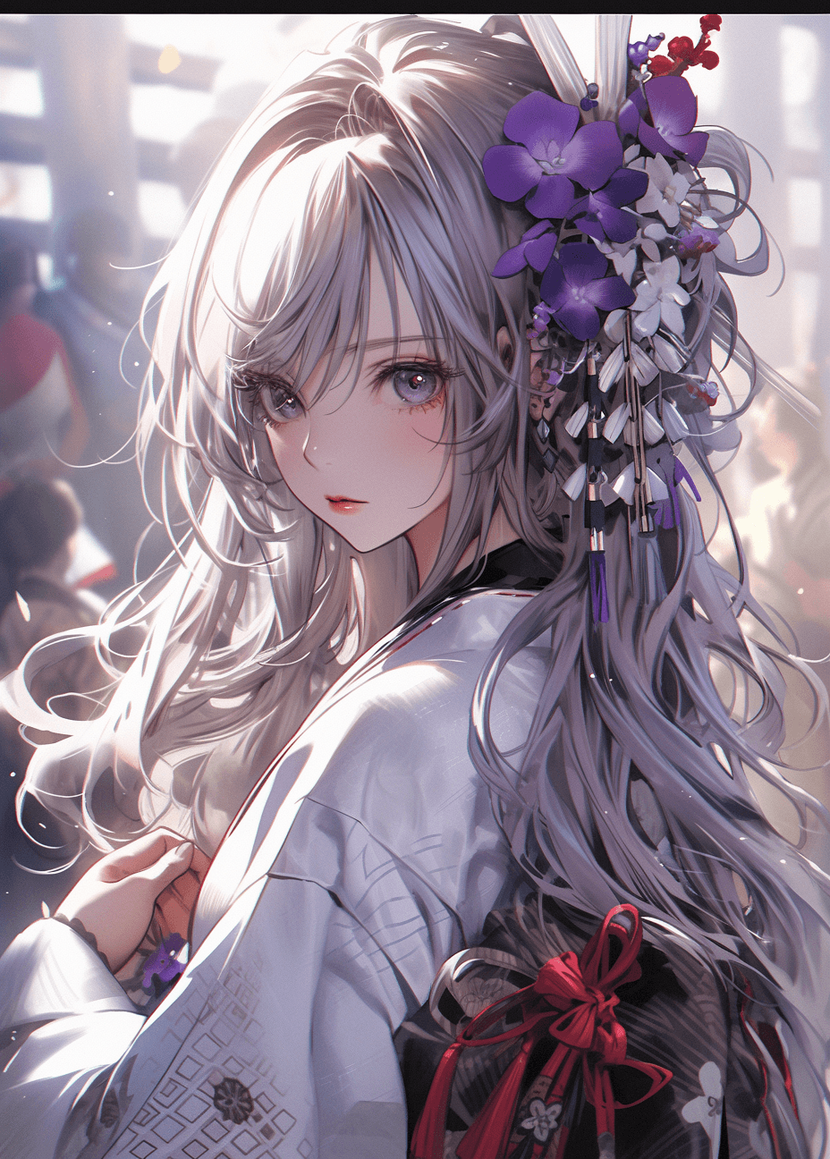 AI generated: a girl with white hair in a purple kimono and a flower, in the style of dark white and light gray, q...