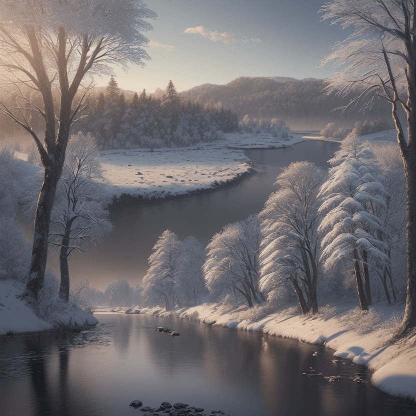 AI generated: photorealistic oil on canvas, 
riverbank, trees, small hills
beautiful setting, winter,
foreground, ...