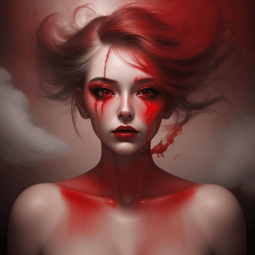 AI generated: portrait of a woman covered in cloud of smoke, whirlwind, red highlight colors, red make-up, hints o...