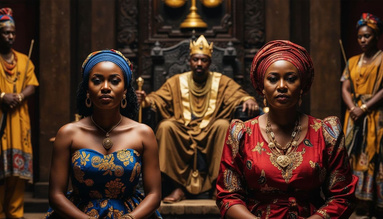 AI generated: Create a cinematic shot with the camera positioned directly in front of the two royal women, facing ...