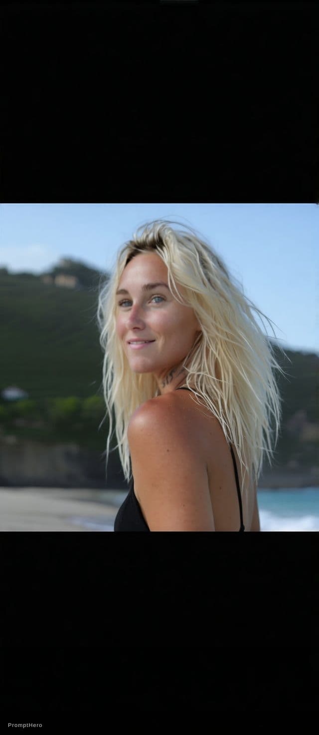 AI generated: On picture is a blonde Woman. She Loves to Wear a black Bikini with brazilian thong 