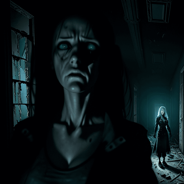 AI generated: an ultra realistic portrait of a scared female ghost hunter investigator, searching an abandoned eer...