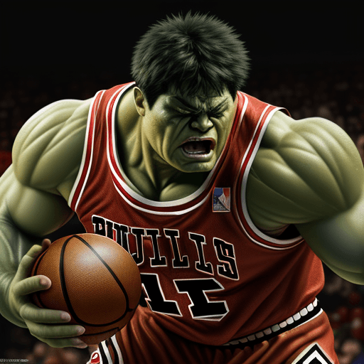 AI generated: Marvel's hulk playing basketball, dressed in Chicago Bulls uniform, Chicago Bulls jersey, realistic ...