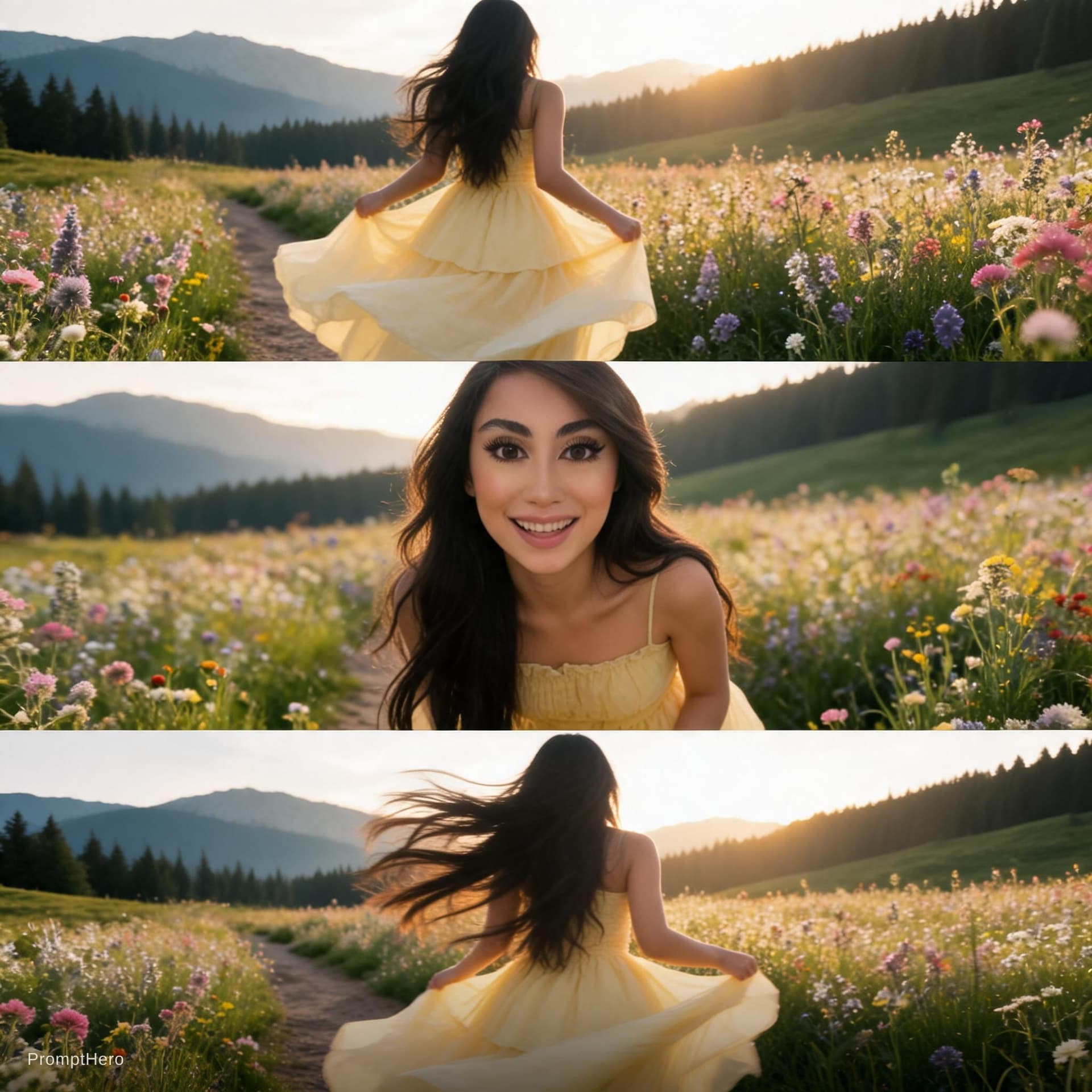 AI generated: Create an ultra-realistic candid portrait of an Indian girl in a dreamy flower meadow on a mountain ...