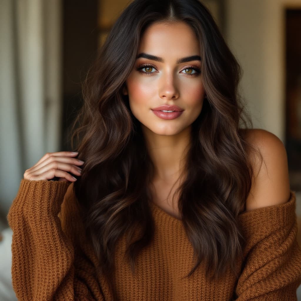 AI generated: A woman with wavy dark brown hair, wearing an off-shoulder oversized brown knit sweater. She gazes s...