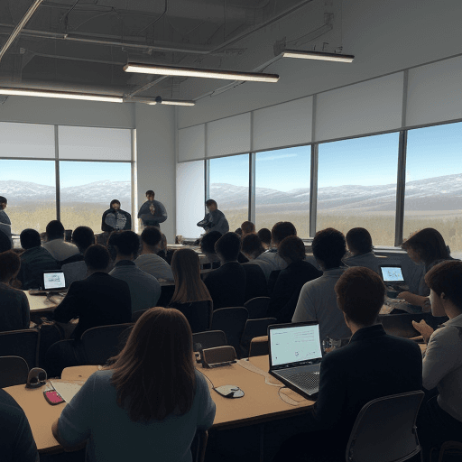 AI generated: Create a low-resolution photo of a bunch of students and engineers collaborating around a series of ...