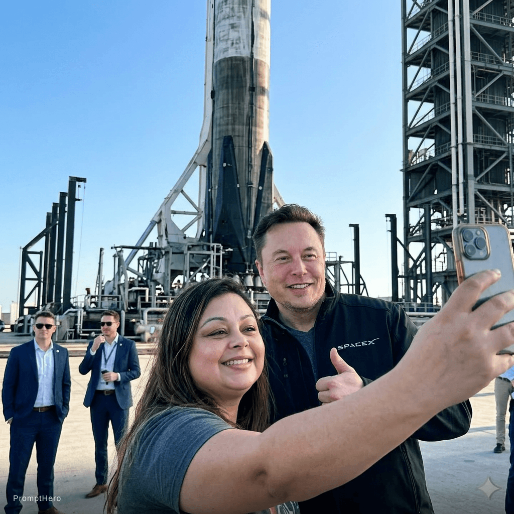 AI generated: with Elon Musk in front of a SpaceX rocket, professional setting