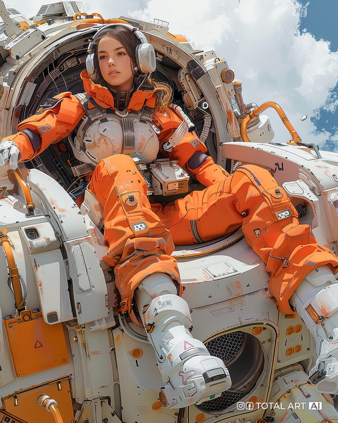 AI generated: Full body shot of a beautiful European female pilot sitting on top of the mech, in an orange jumpsui...