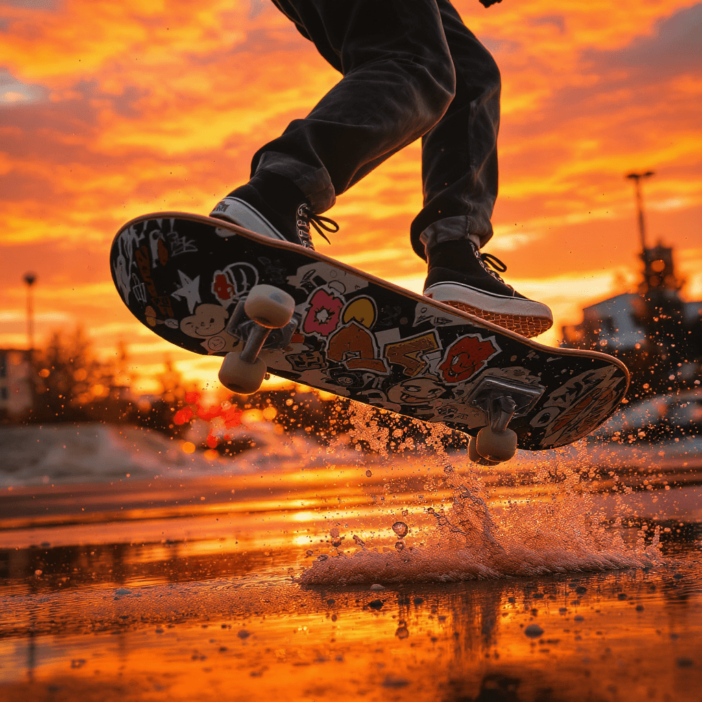 AI generated: dynamic, high-speed action, encapsulated in a warm, vibrant sunset backdrop, a tight crop focusing o...