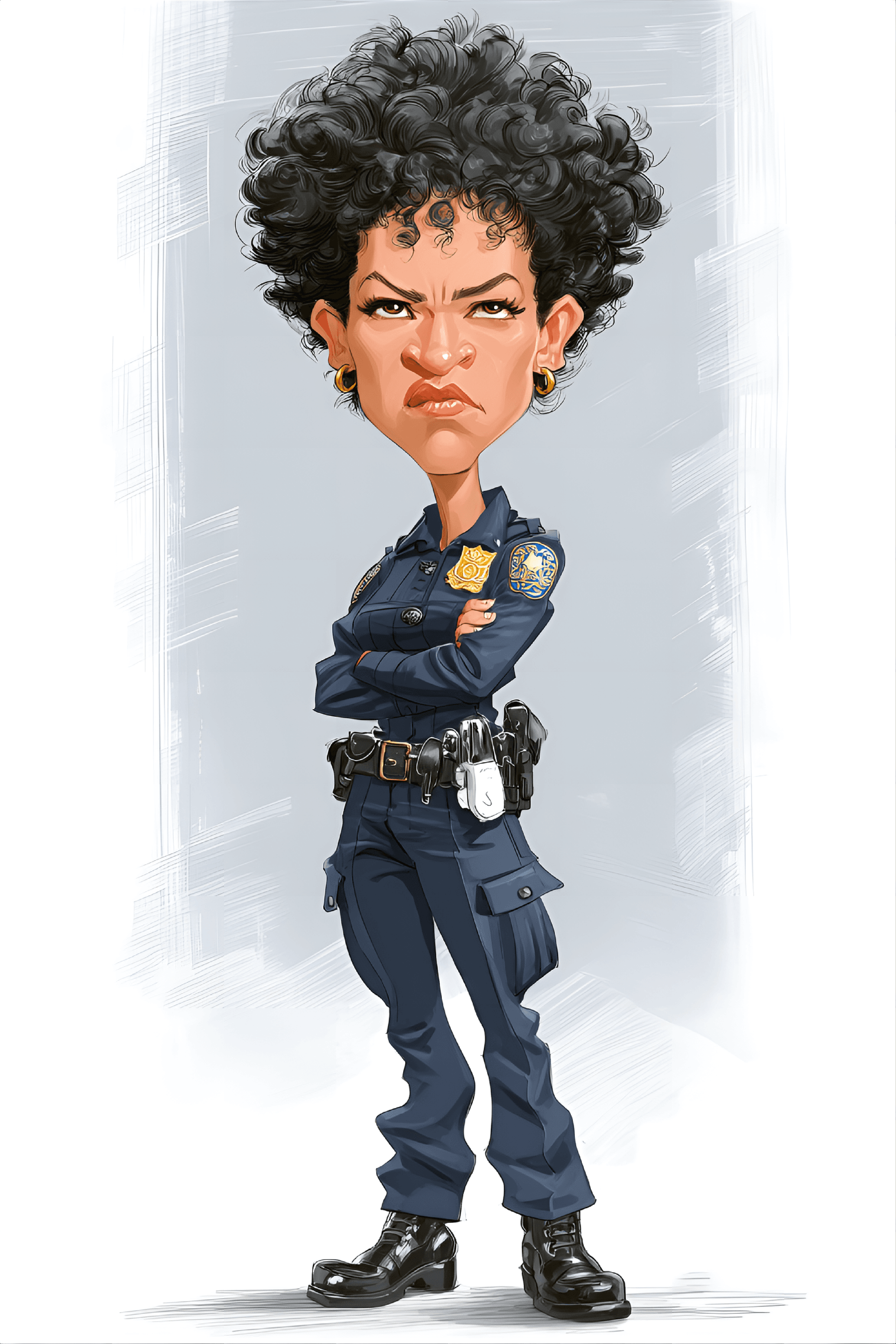AI generated: funny caricature, tough police officer female caricature, mature black female, 38 years old, short c...