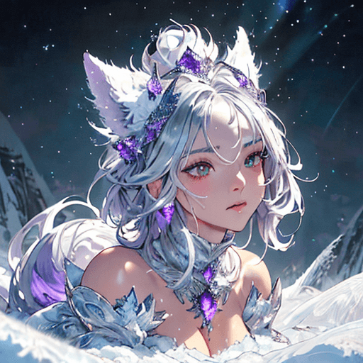 AI generated: milf gigantic breast, silky silver fur covered in frost, timid, ((insanely detailed alert amethyst e...