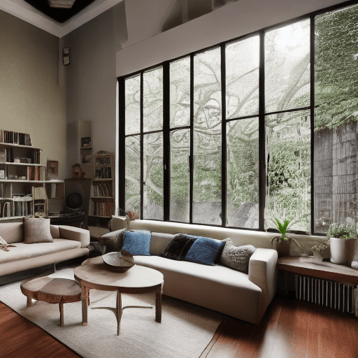 AI generated: High resolution photography interior design, dreamy sunken living room conversation pit, wooden floo...