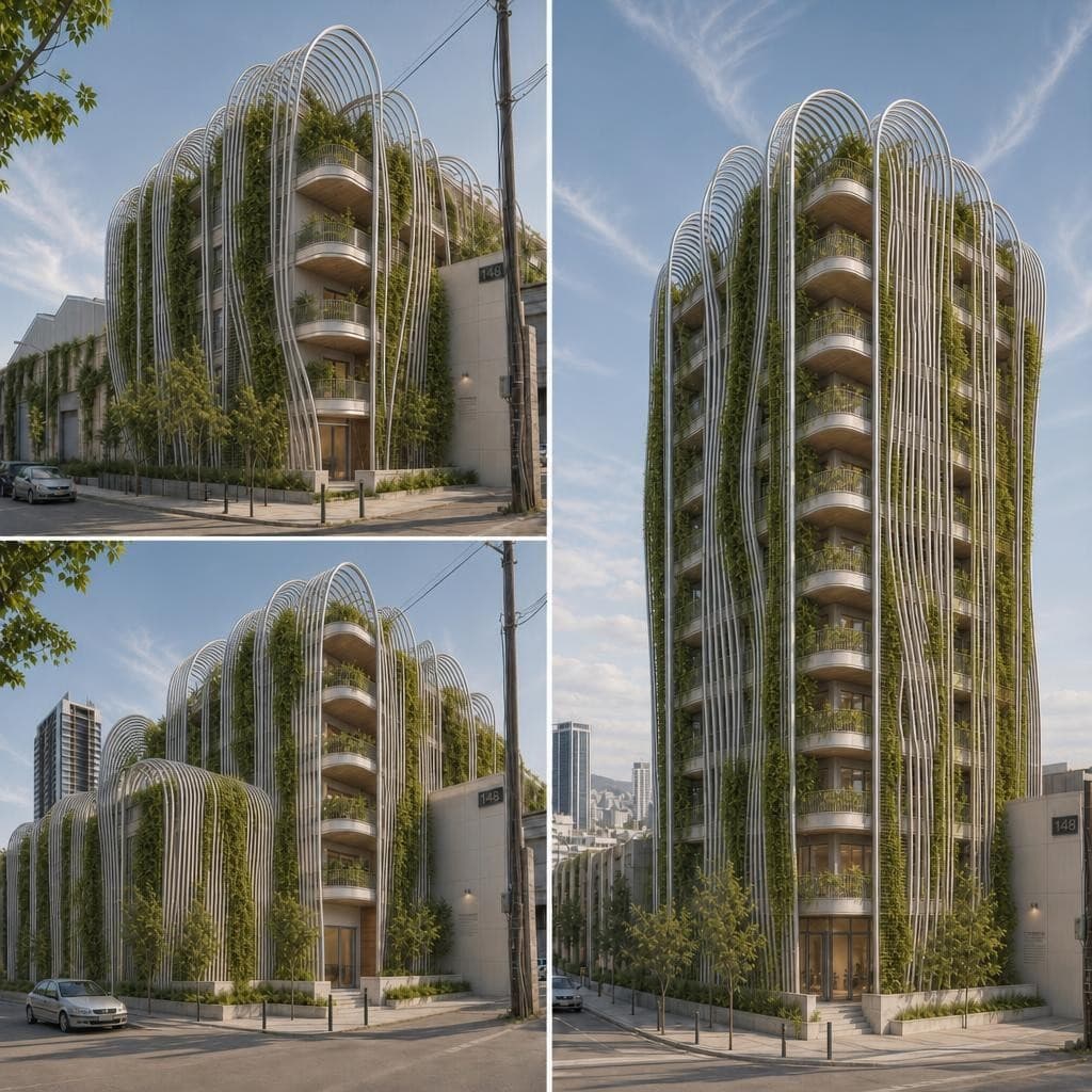 AI generated: irregular vertical planting clusters, alternating dense and sparse green zones






