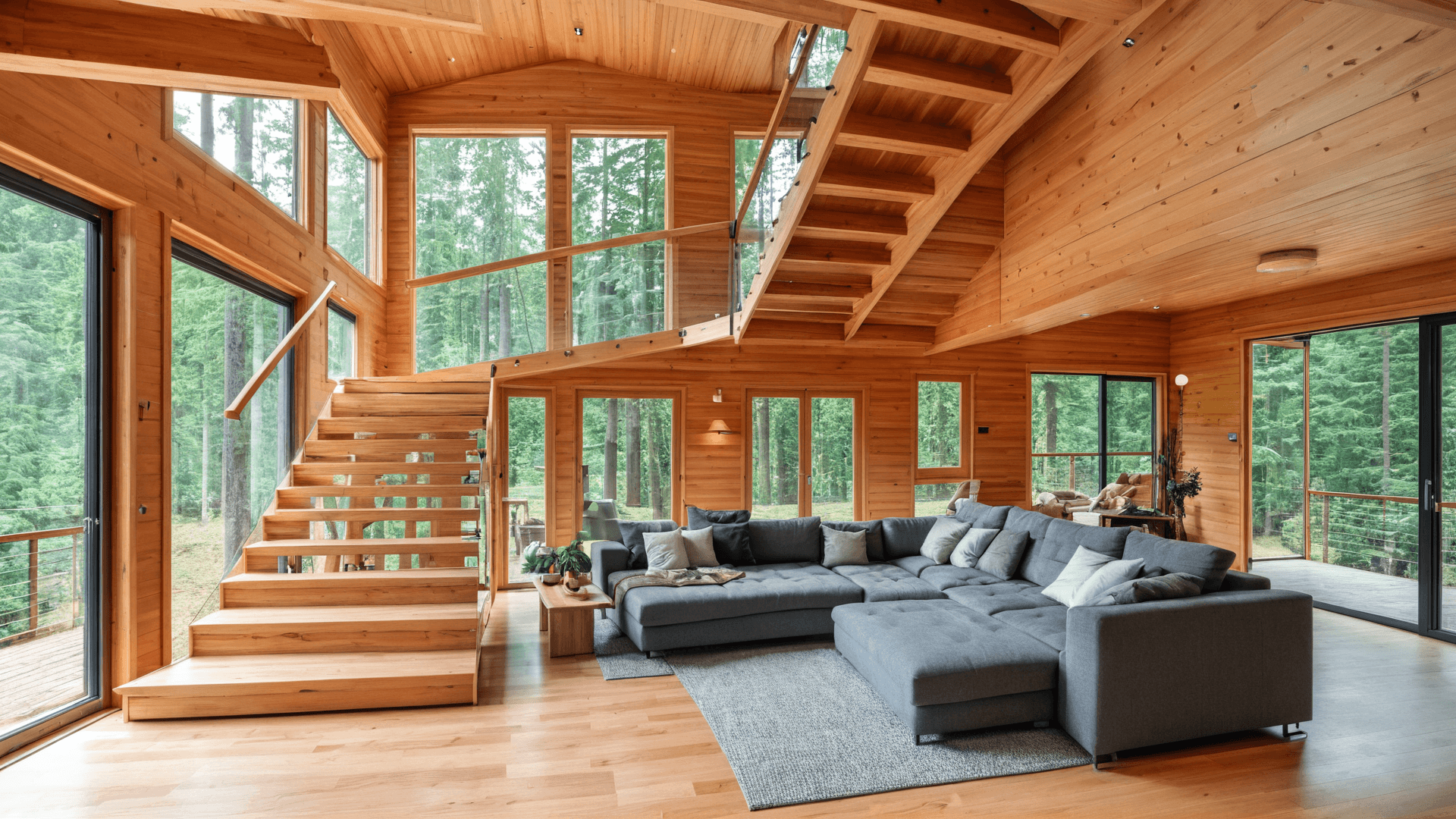 AI generated: a living room with a staircase and a couch, modern wooden house, panoramic shot, the house in the fo...