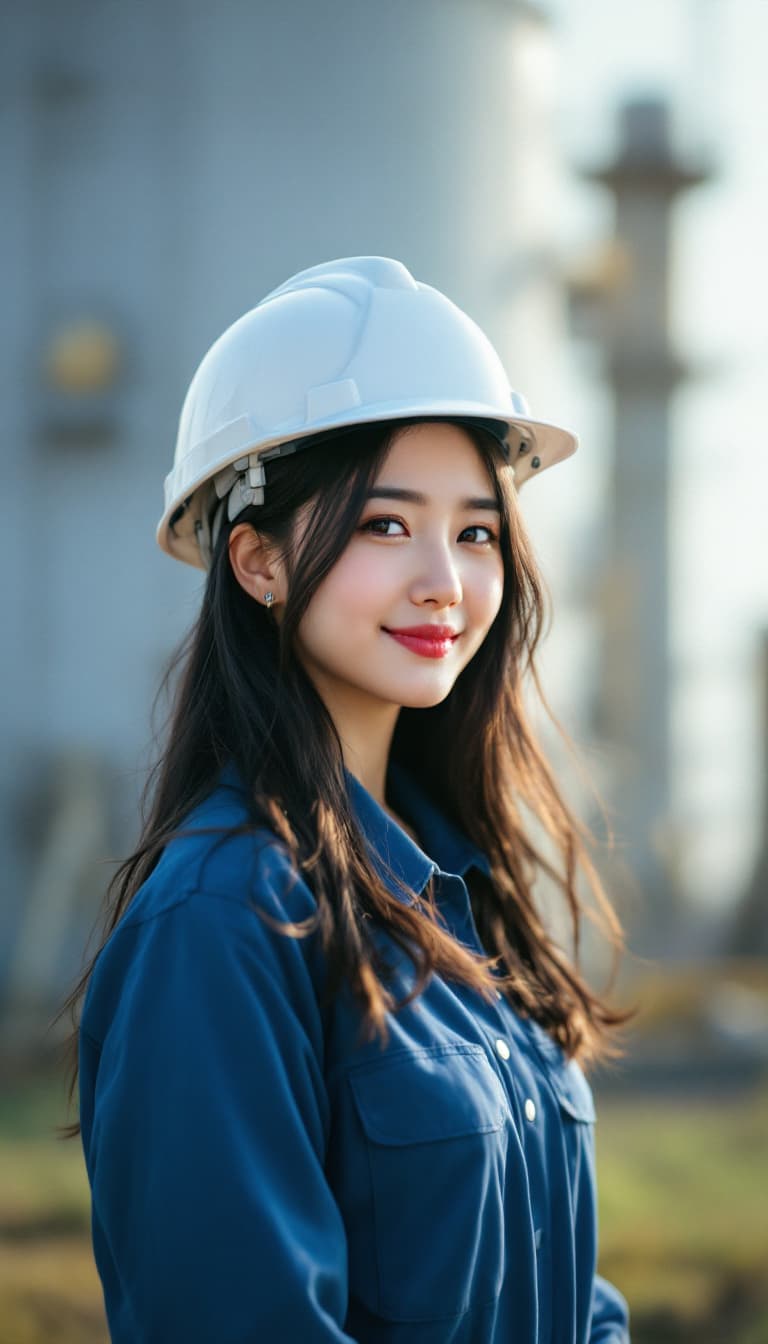 AI generated: A korean woman with black long hair, and a worn a blue safety coverall for oil and gas working and w...