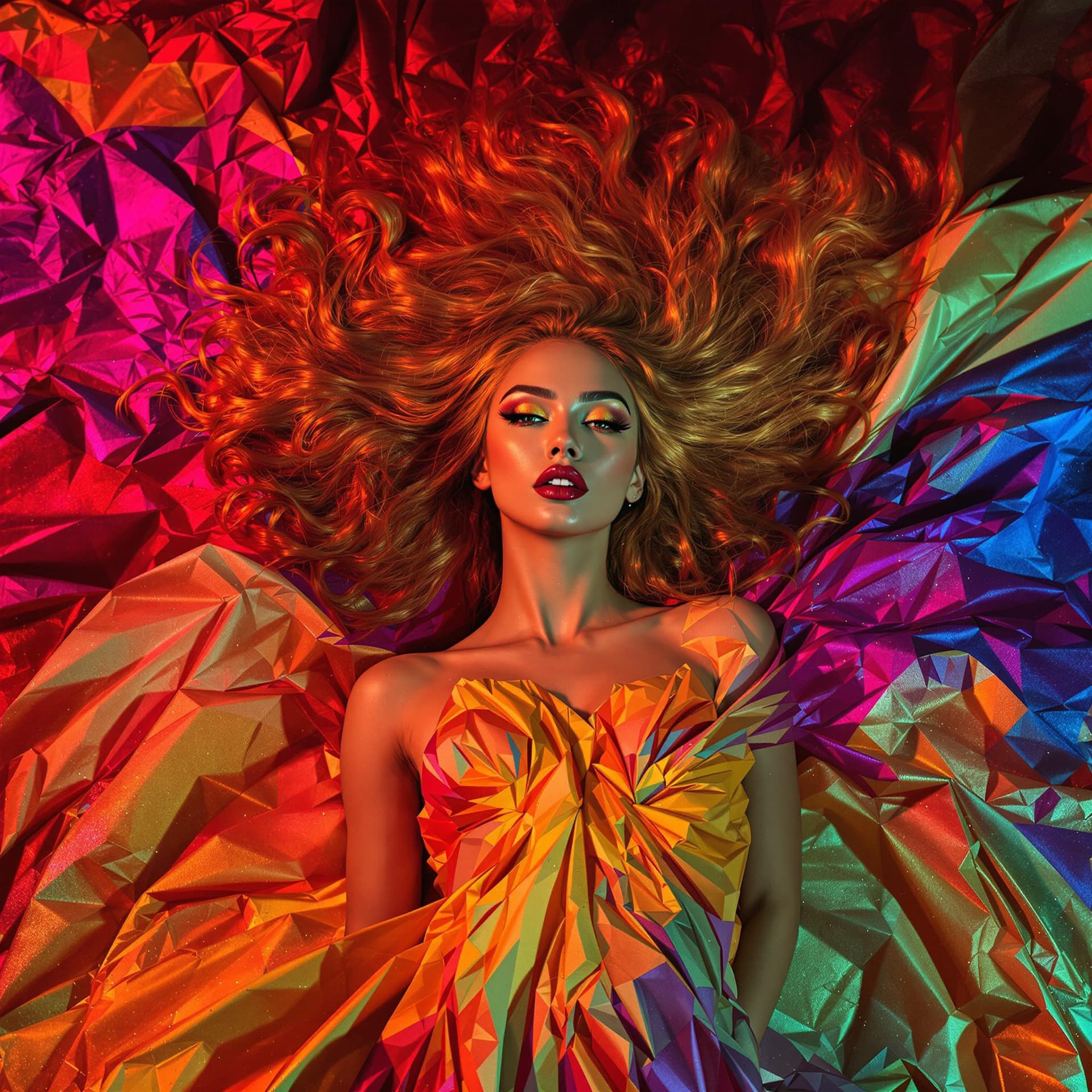 AI generated: A sultry siren sprawls across a vibrant, textured backdrop, her fiery locks ablaze like a wildfire. ...