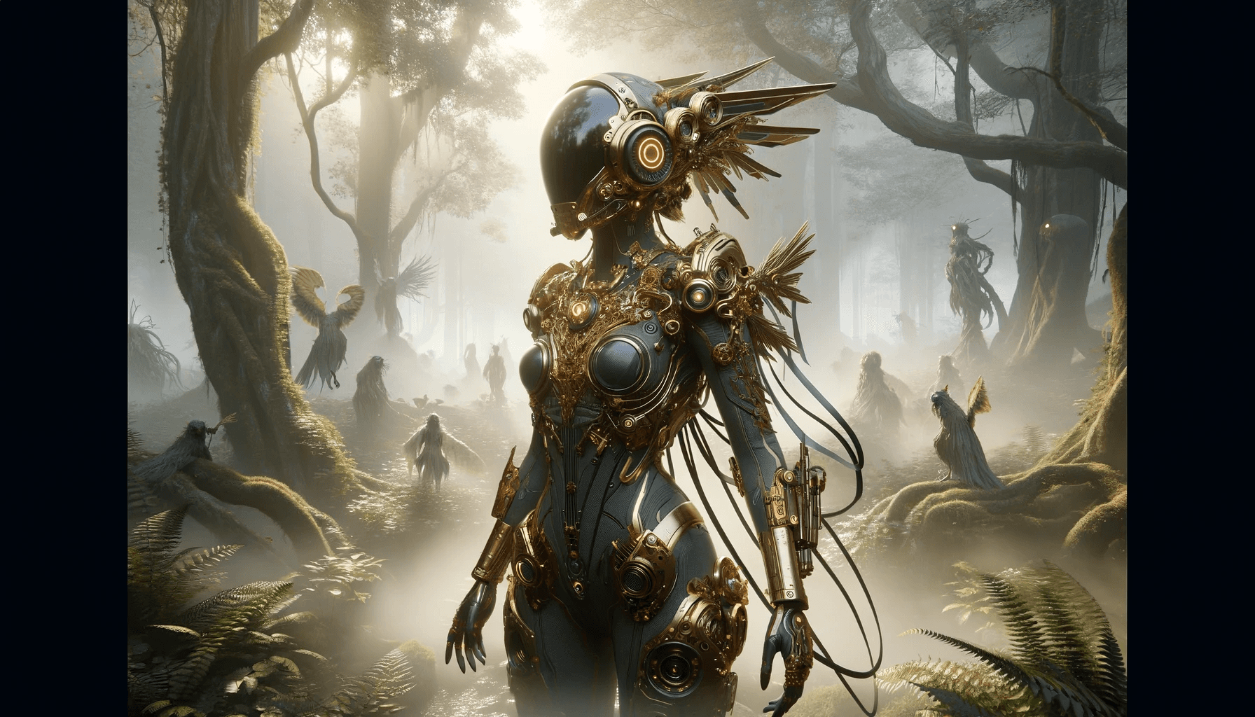 AI generated: In a mystical forest shrouded in mist, a character known as the "Void Arcanist" emerges. She's weari...