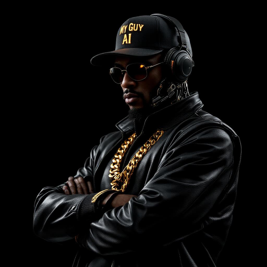 AI generated: full body image of old school b-boy rapper face in shadows wearing a kangol cap with the words "My G...