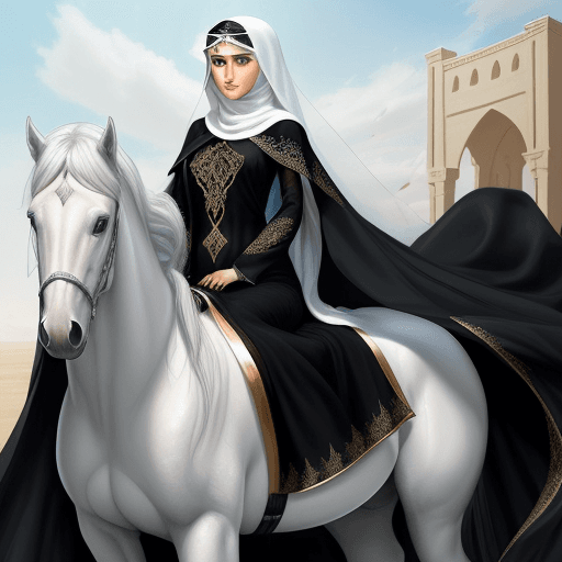 AI generated: An Arabian girl, adorned in a flowing black abaya with a sheer veil, revealing clear blue eyes, lead...