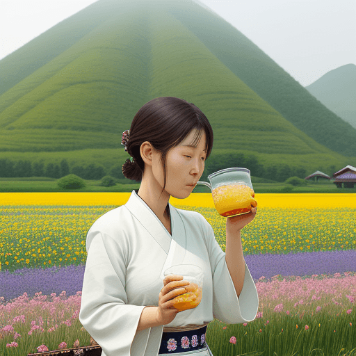 AI generated: Woman drinking makgeolli in a flower field