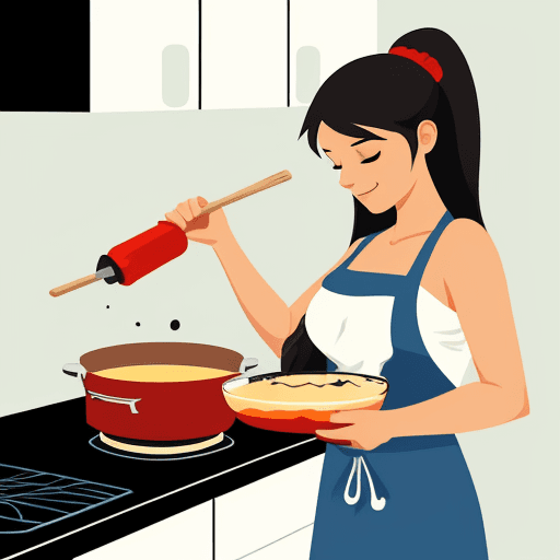AI generated: vector graphics illustration depicting a person cooking in the kitchen, making delicious homemade de...