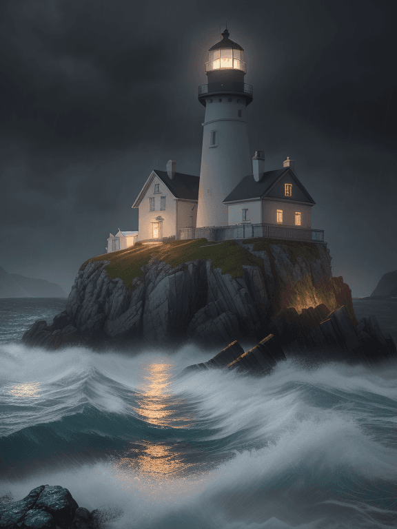 AI generated: photo of 8k ultra realistic lighthouse on island, heavy rain, night, light shining, heavy seas, full...