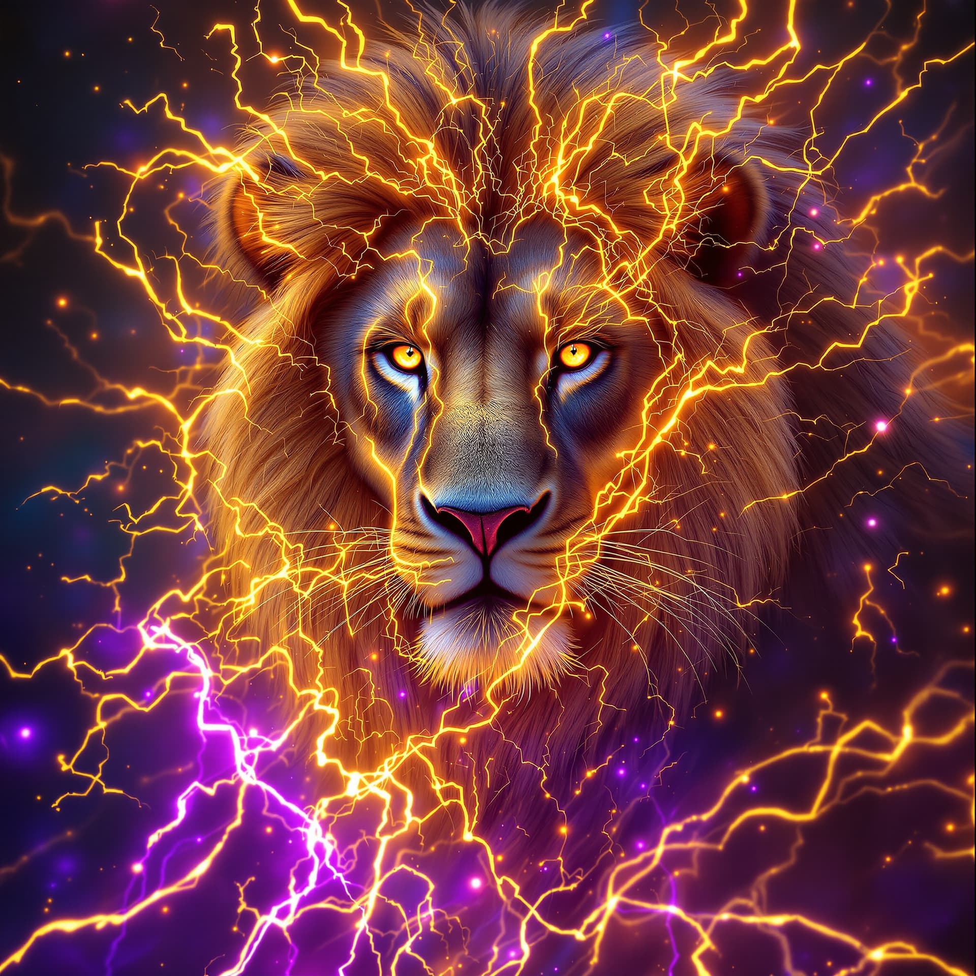 AI generated: “Majestic lion enveloped in moving Kirlian plasma ribbons, golden electric pulses (#FFD800), organis...
