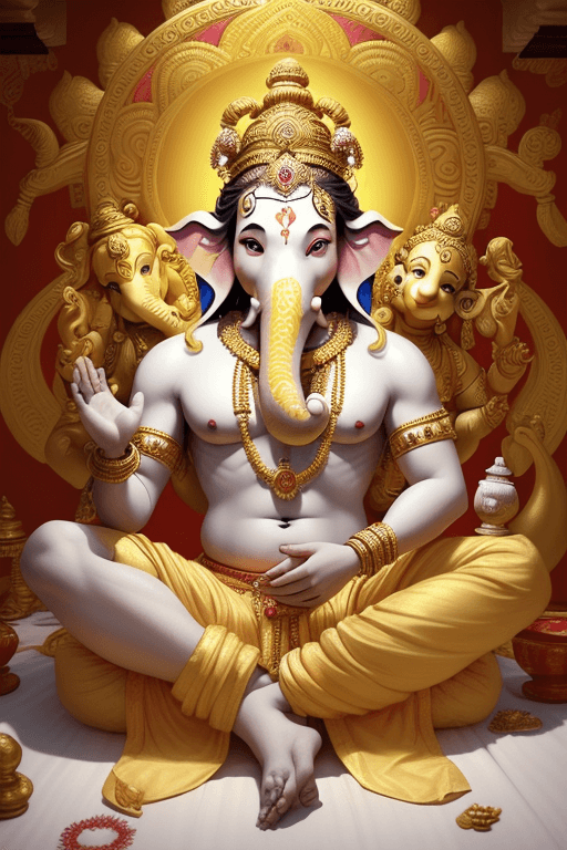 AI generated: Painted portrait of Ganesh in his bright luxurious Hindu style room,his body was white and bright bo...