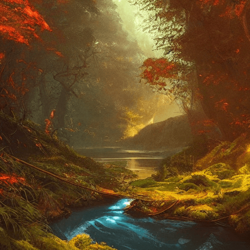 AI generated: Green forest, beautiful beach, waterfalls, river, golden hour, dramatic red lighting, highly detaile...