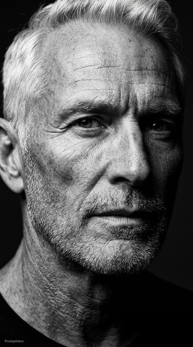 AI generated: High-definition black and white portrait of an attractive mature man, 60–80 years old. Minimalist be...