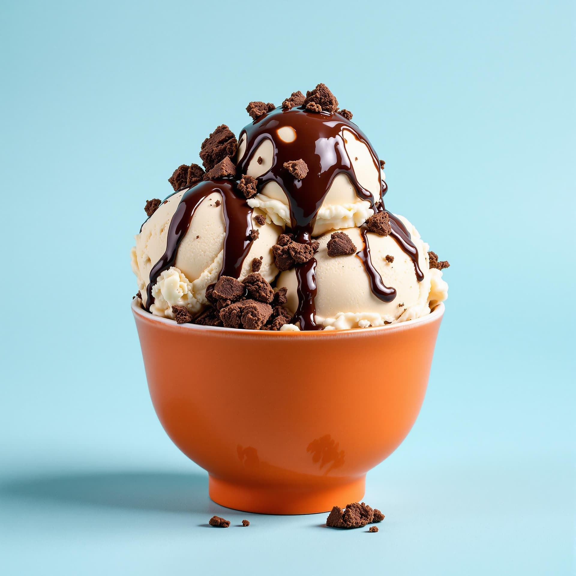 AI generated: The image prominently features a bowl of ice cream, vividly showcased on a plain, light blue backgro...