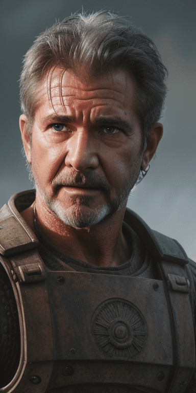 AI generated: Male warrior mel gibson harrison ford hybrid face closeup face looking into camera in a battle groun...