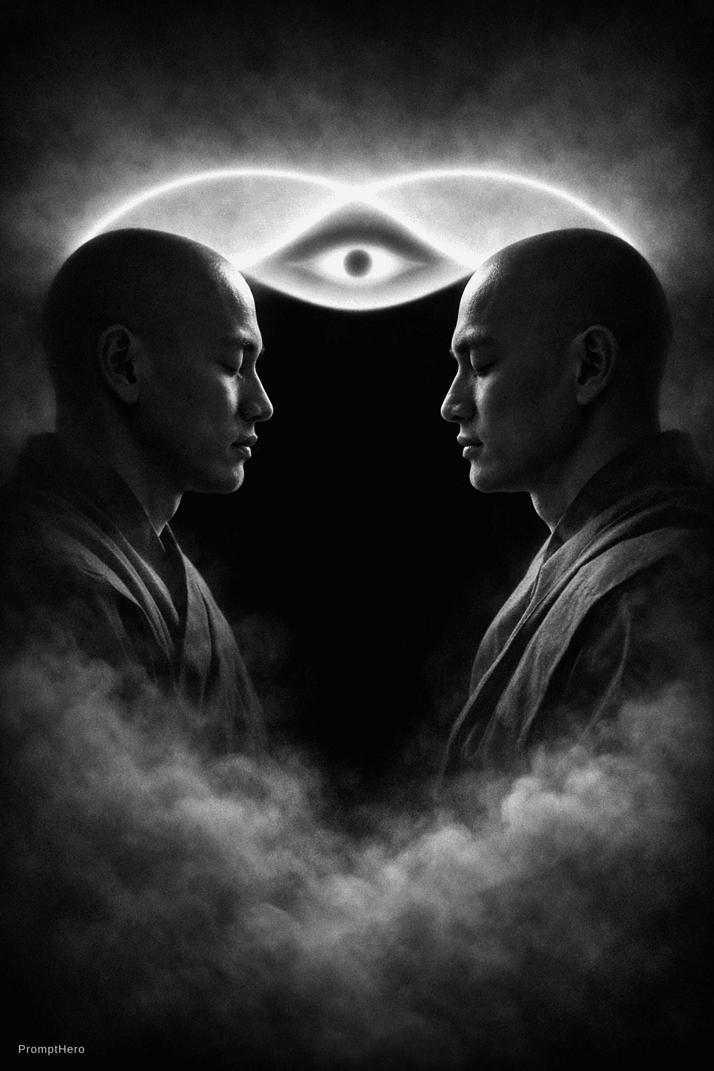 AI generated: subtle Rubin vase / two faces optical illusion, but instead of a vase – pure black void between the ...