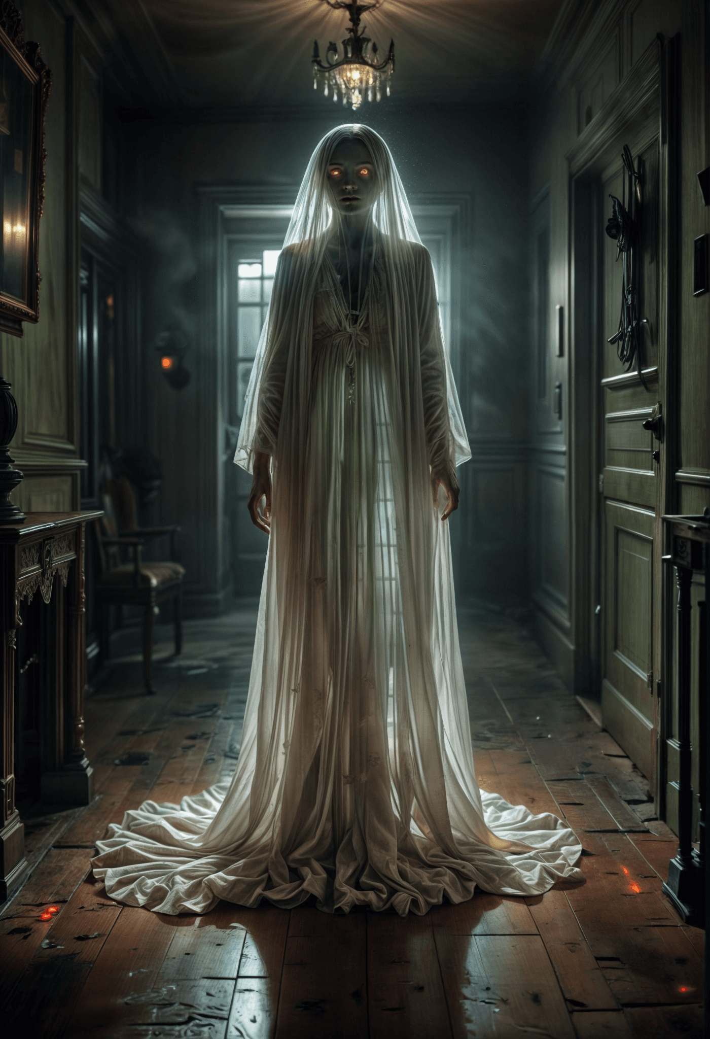 AI generated: A transparent illuminated ghost in a creepy mansion,ghostly green light,the ghost is a creepy woman ...