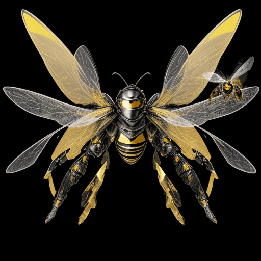 AI generated: Photograph of a The bee-inspired superarmor features an aerodynamic design with golden and black pla...