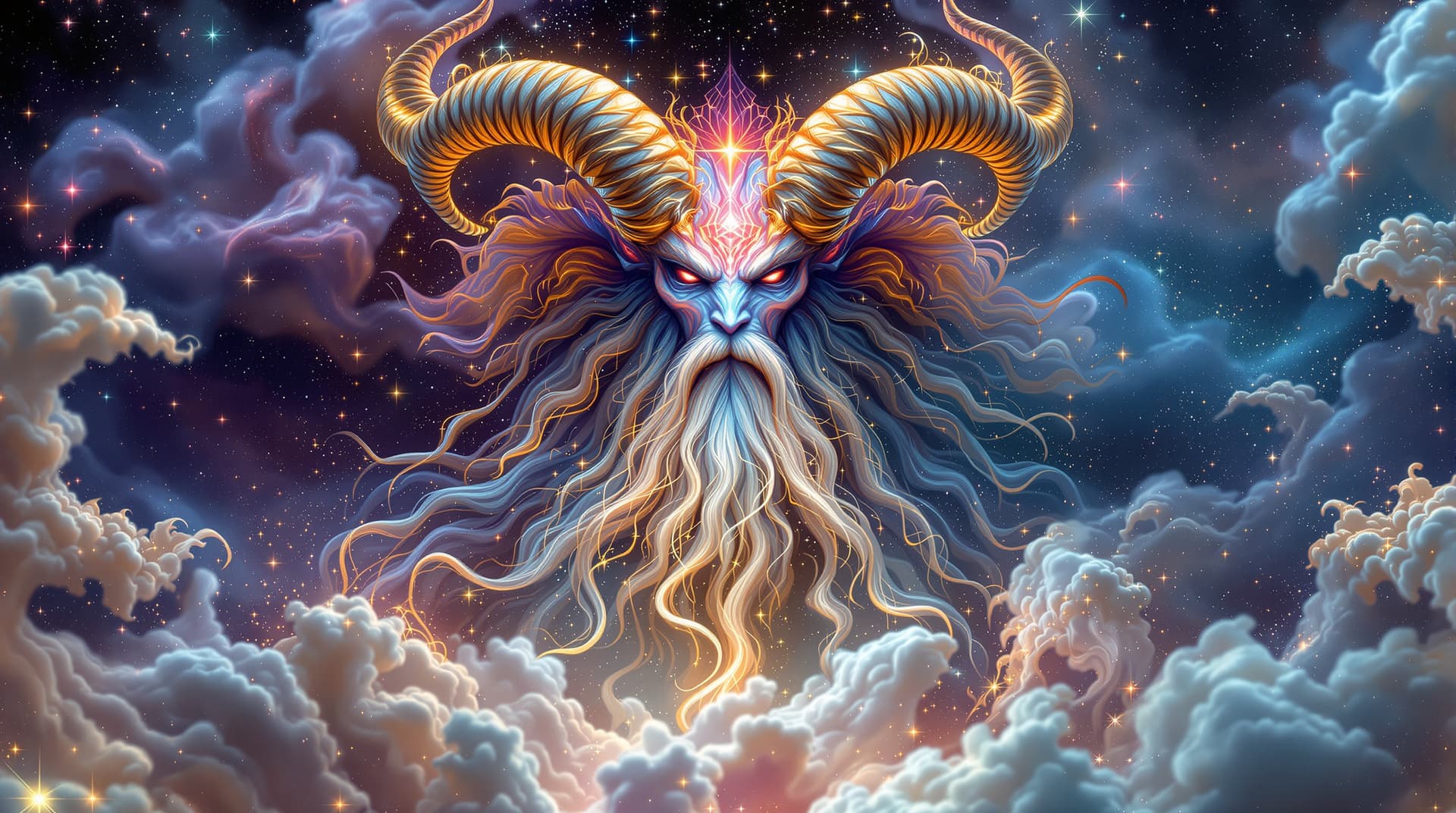 AI generated:  A majestic zodiak fractal figure evokes ancient wisdom and mythical power, which dominate the scene...