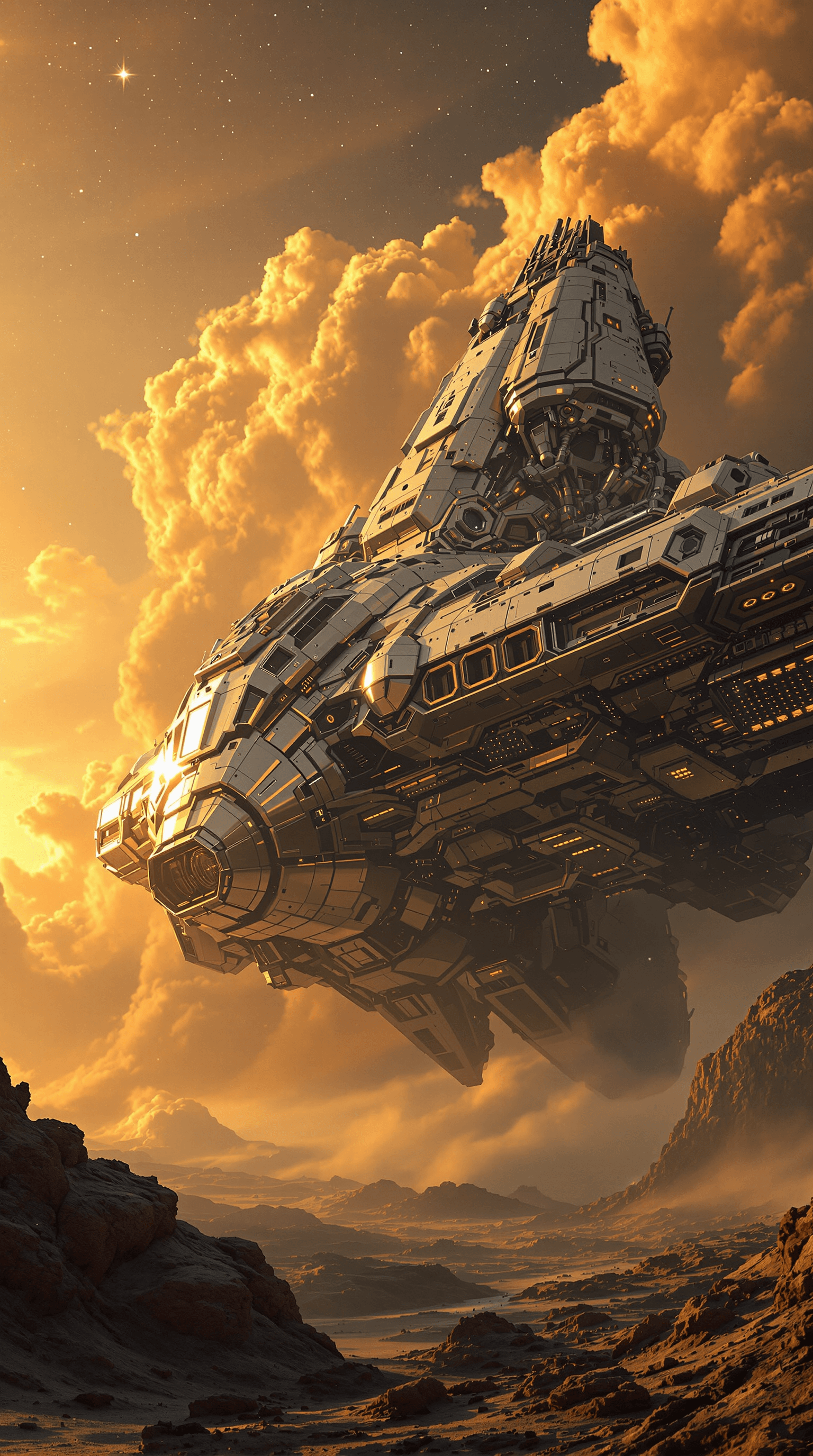 AI generated: a ground-level shot of a colossal, intricately detailed sci-fi alien spacecraft, its polished metal ...