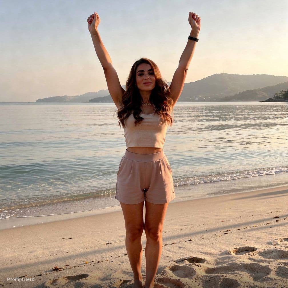 AI generated: A fit adult woman in a tiny black triangle bikini stands on a sandy beach, her arms raised high abov...