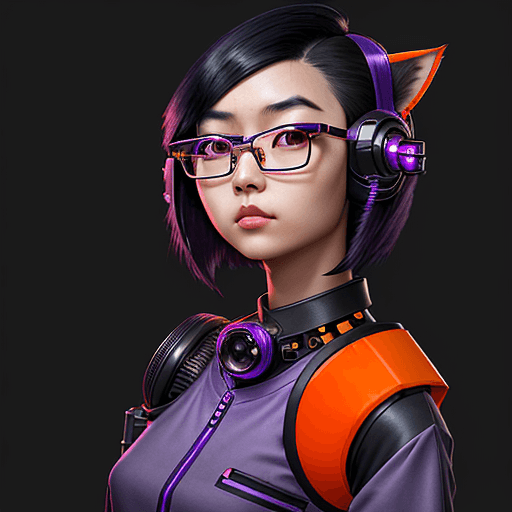 AI generated: young Asian thoughtful woman, shoulder-length purple and black hair, nerd, techie, a orange pair of ...