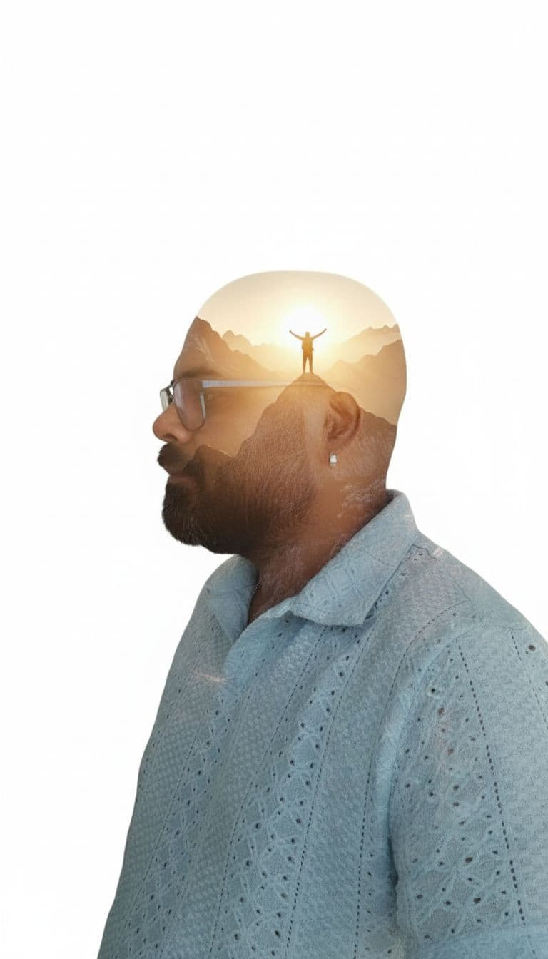 AI generated: Create a high-resolution double-exposure cinematic portrait of a MAN in profile view wearing glasses...