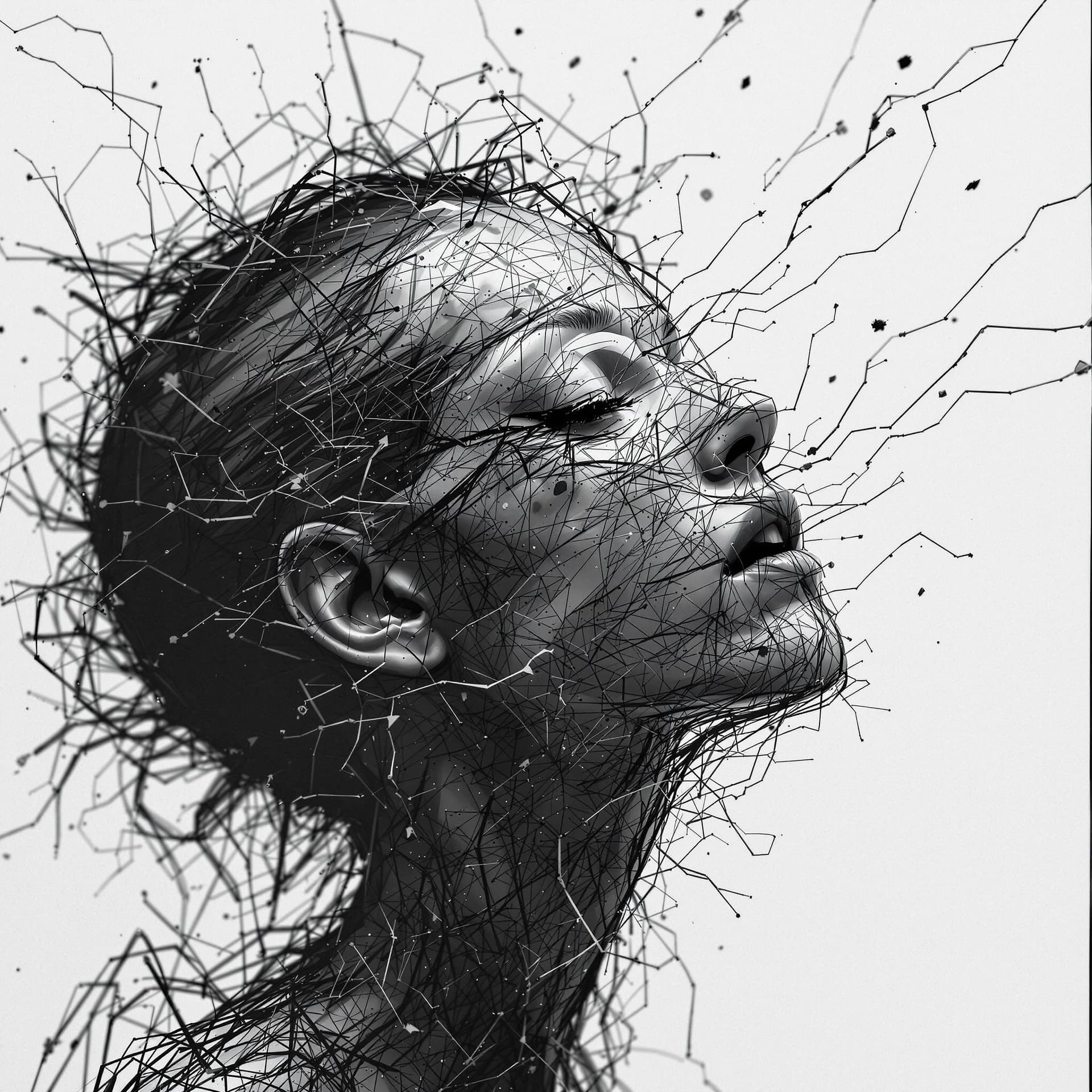 AI generated: A black & white stunning wireform image of a woman being torn apart by invisible demons